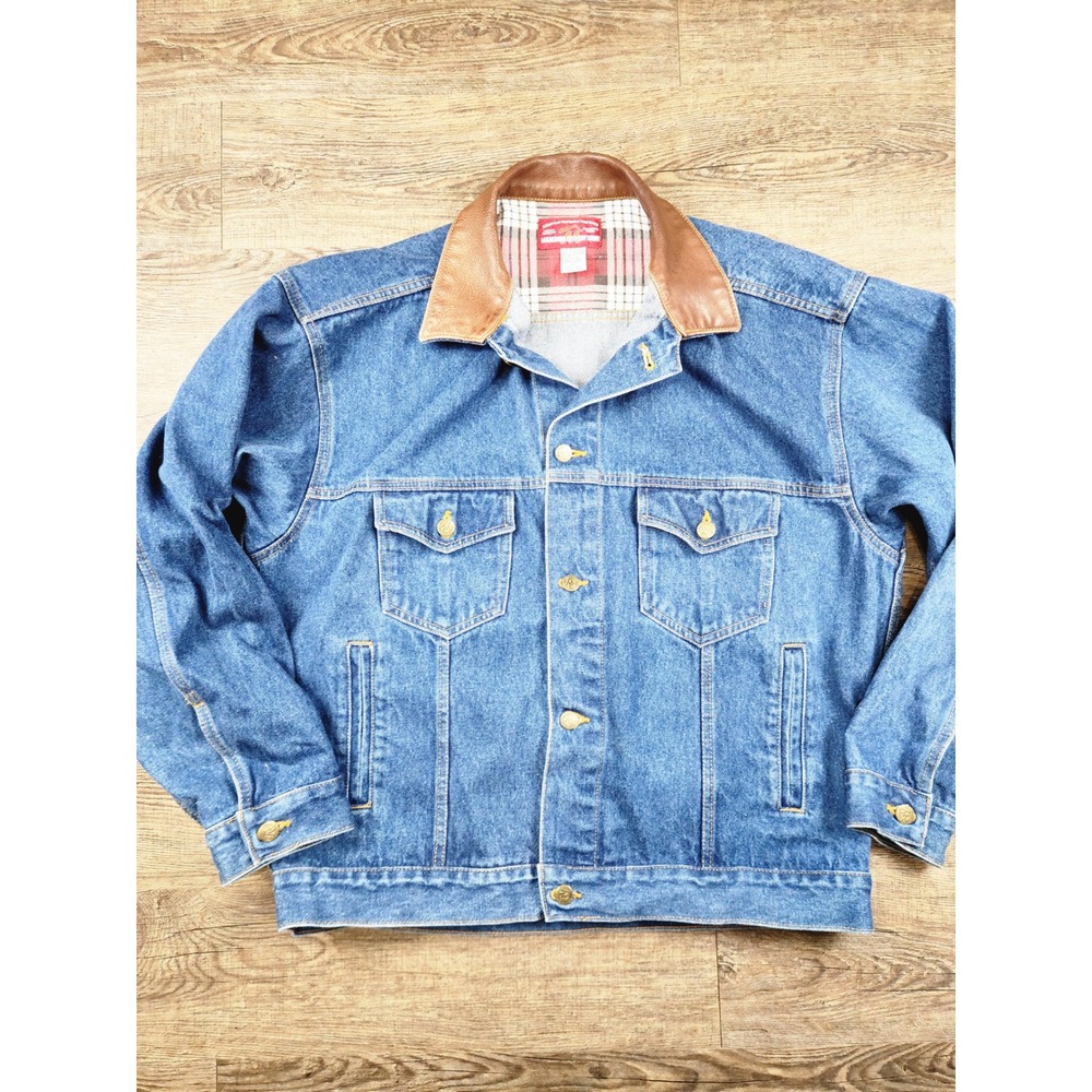 Vintage 90s Marlboro Country Store Denim Jacket Leather Collar Plaid Lined Large